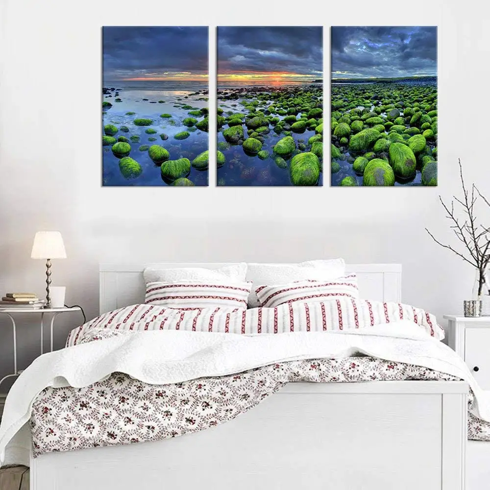 Wall Art Green Mossy Rocks Beach Sunset Scenery Iceland Sea Nature Picture Canvas Painting Print for Home Office Wall Decor Gift