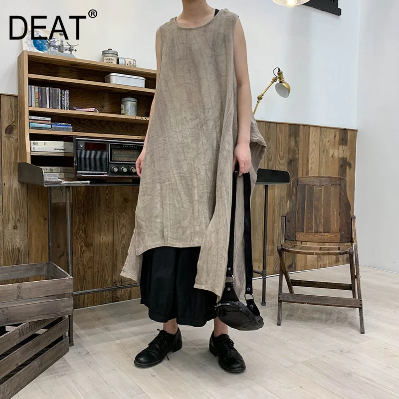

[DEAT] 2019 New Autumn Winter Round Neck Sleeveless Black Irregular Hem Loose Long Vest Dress Women Fashion Tide All-match JS77