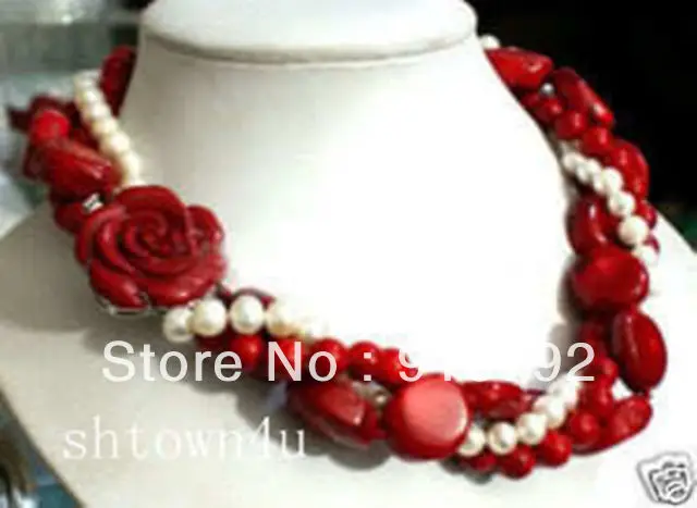 

White Pearl & Red Coral With Flower Clasp Necklace 18''