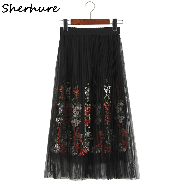 

Sherhure 2019 Women Mesh Summer Long Skirts Women Stretch Waist Floral Embroidery Women Summer Long Skirt Jupe Femme Saia Faldas