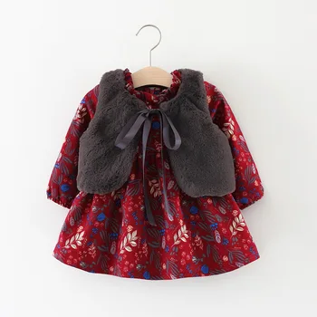 

Winter Autumn Girls Floral Dresses Child Winter Dress Set Baby Kids Boutique Clothing Faux Fur Waist Coat 8sets/lot