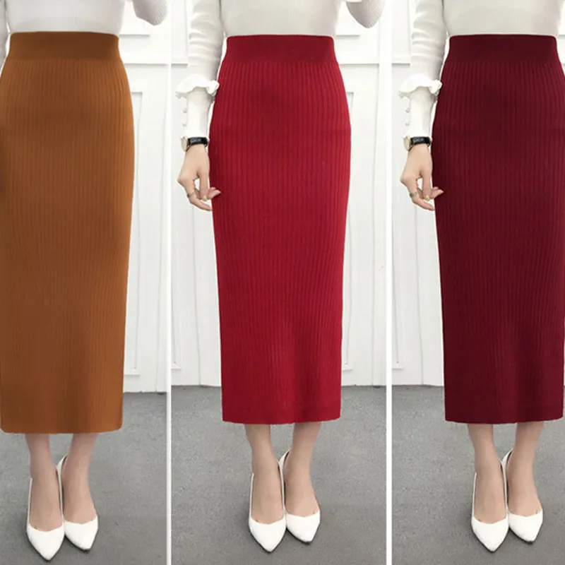 Женская зимняя Длинная шерстяная юбка с эластичной талией, юбка-карандаш, Женская офисная юбка, винтажная Женская Осенняя юбка