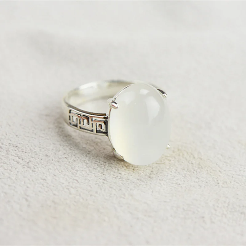 Genuine Solid Rings 925 Sterling Silver Initial Oval Shape Gemstone Rings For Women Natural Chalcedony Elegant Fine Jewelry