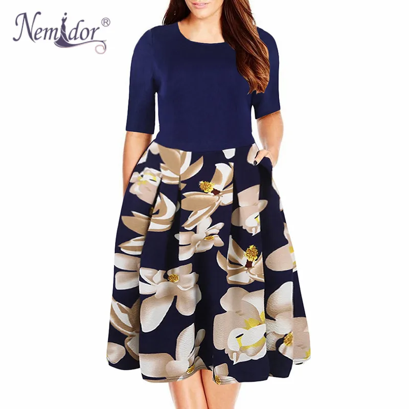 Nemidor женское винтажное платье трапециевидной формы с круглым вырезом и коротким рукавом с принтом размера плюс 7XL 8XL 9XL Вечерние Повседневные платья с карманами