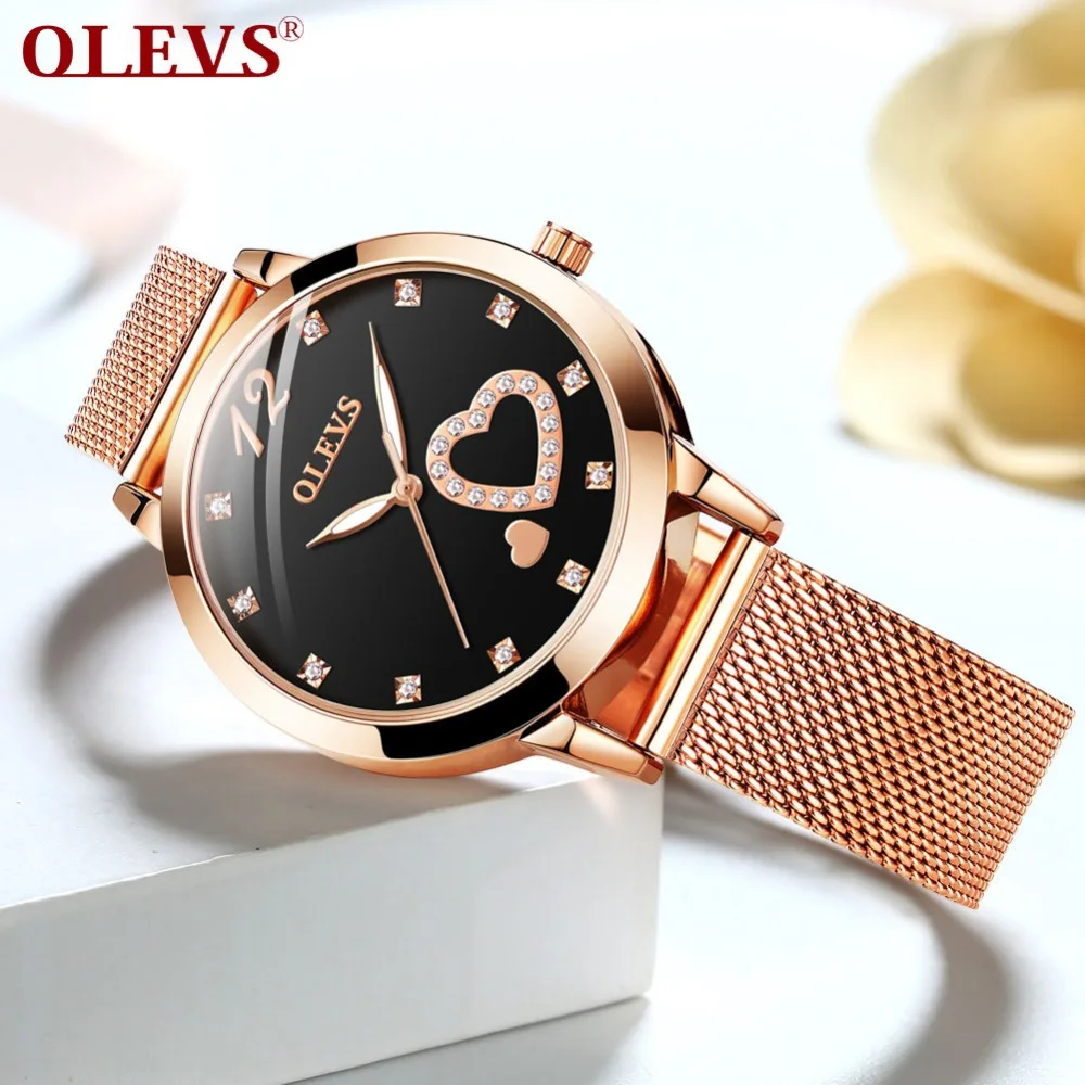 

Horloges vrouwen Black Women Watches Luminous Rose Gold Stainless Steel Quartz Female Clock Love Heart Ladies Watch bayan saat
