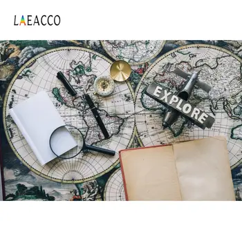 

Laeacco World Map Plane Magnifier Book Compass Study Baby Learning Photo Backdrop Photographic Background Photocall Photo Studio