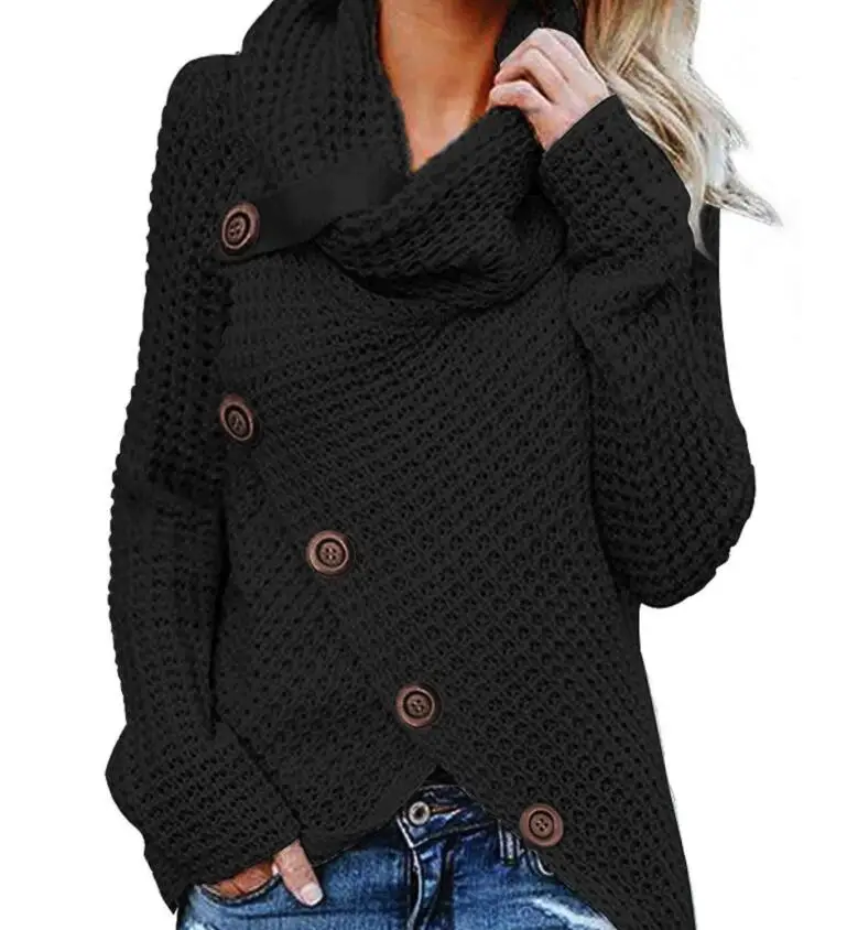 Новые вязаные пальто, пуловер с высоким воротником и пятью пуговицами, Одноцветный женский свитер, 10 цветов, 8 размеров, свитер с длинными рукавами на весну и осень