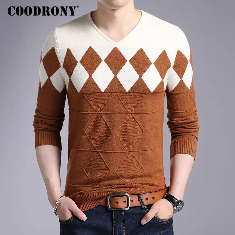 COODRONY الكشمير رداء علوي من الصوف الرجال 2019 الخريف الشتاء يتأهل البلوفرات الرجال أرجايل نمط الخامس الرقبة سحب أوم عيد الميلاد البلوزات