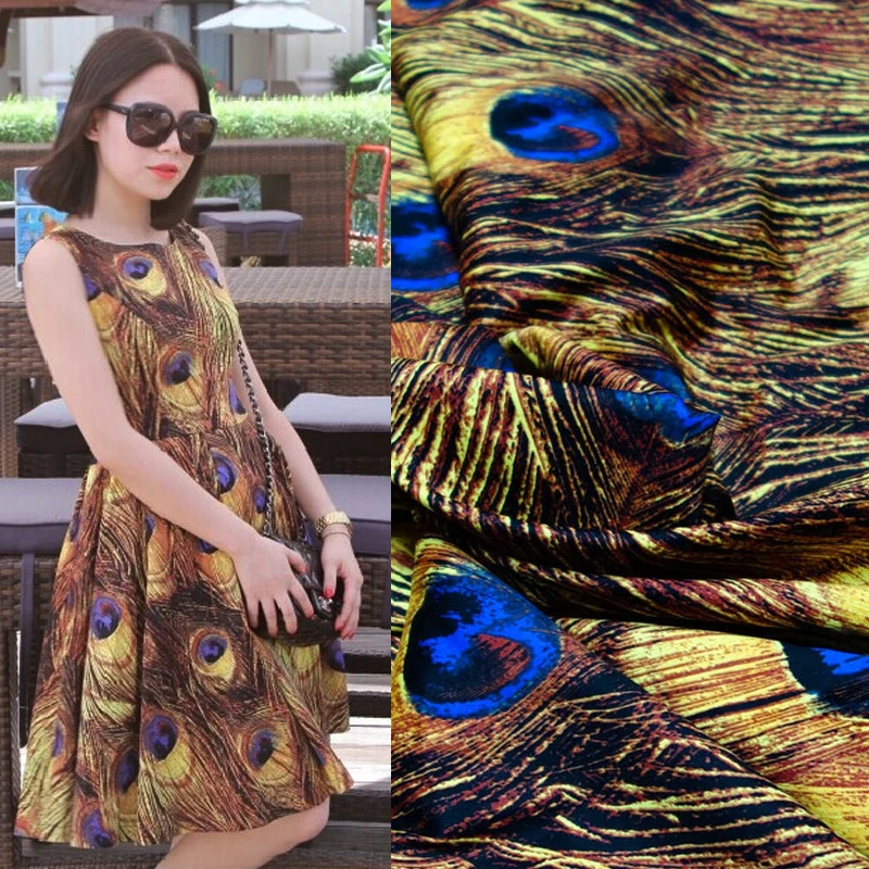 

100%cotton sateen stretch Yellow peacock feather print for sewing women clothing upholstery tissue wedding dress by 140cm width