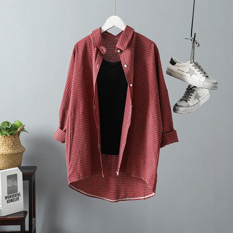  Women Vintage Blouse Plaid Shirts Boho Style OG0698