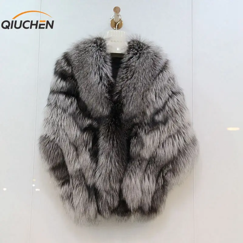 QIUCHEN 2018 Новый Для женщин Продвижение пончо всю кожуру Silver Fox меховой платок