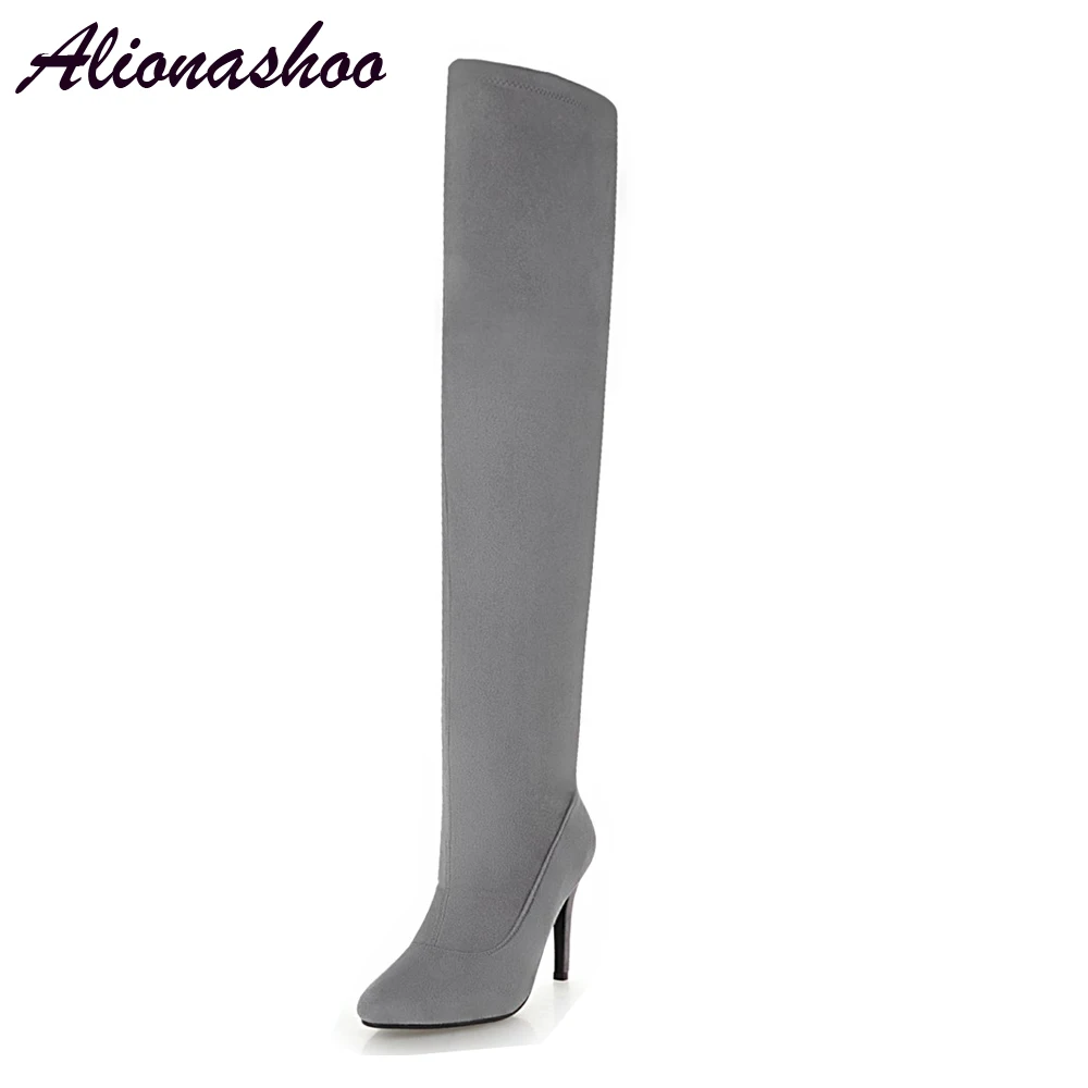 

Alionashoo 2018 Winter Sexy Thigh High Boots Flock Stretch Elastic Over The Knee Sky Slim High Heels Long Boots Women Shoes