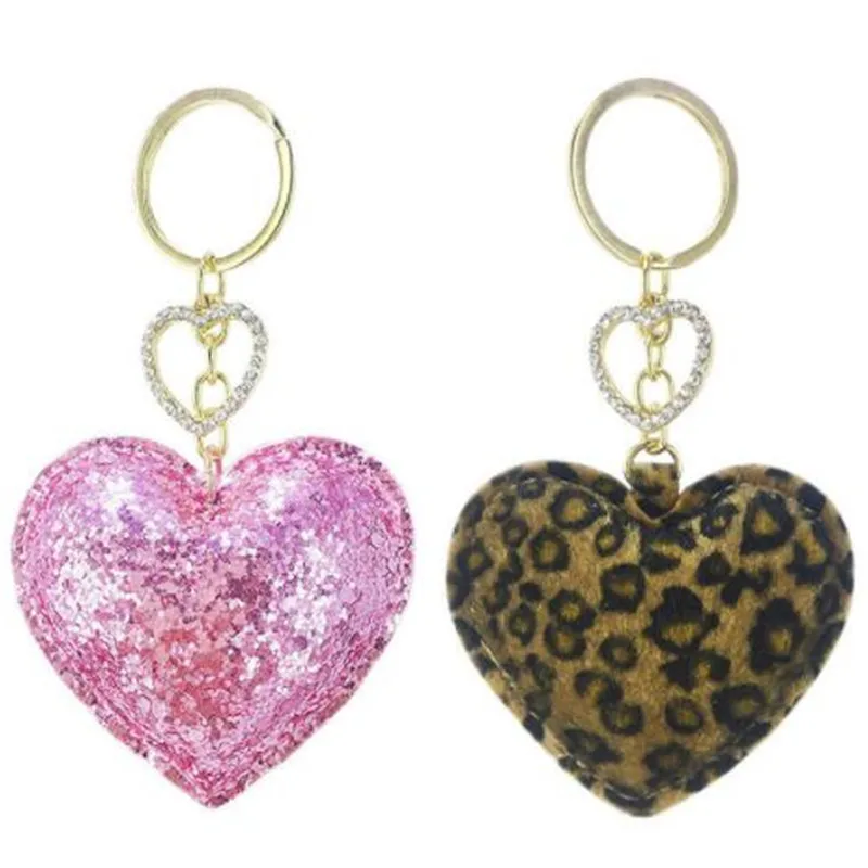 

WKOUD Cute sequin leopard Pink Heart Keychains Women Key Chains Girl Bag Hang Car Key Ring Jewelry Accessories