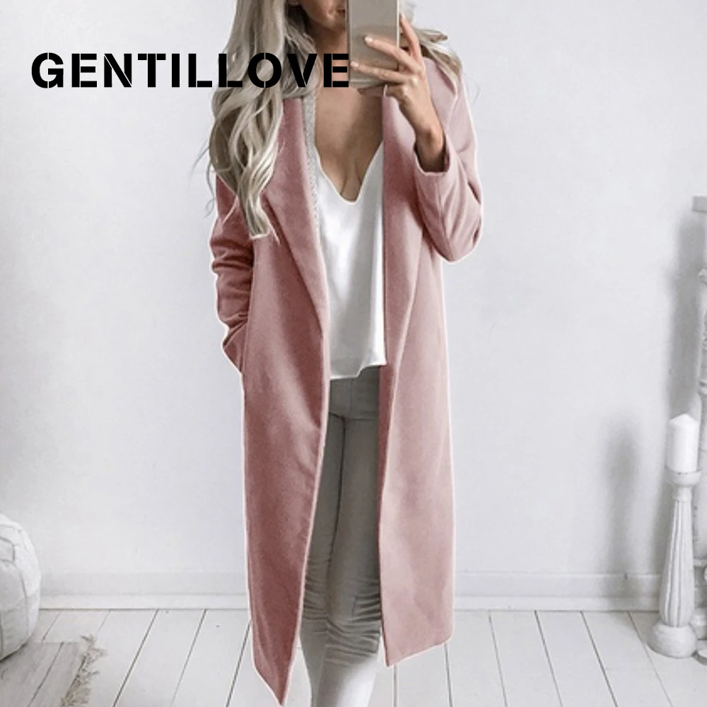 

Gentillove Winter Casual Long Solid Woolen Coat Female Robe Turn Down Collar Outerwear Fashionable Office Lady Coats XXL Size