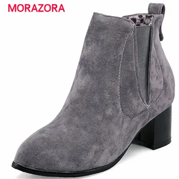 

MORAZORA 2018 new square heel ankle boots for women autumn winter slip on boots round toe high heel boots size 34-43