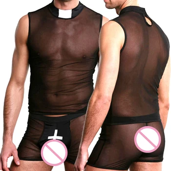 

Fashion Men's Sexy Mesh Sheer Transparent Sleep Pajama Sets Tank Tops Sleeveless T Shirts And Boxers Shorts Sleep Tops Bottoms