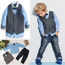 Осень детская зимняя мальчиков деним обратно в школу комплекты одежды джентльмена жилет для детей+ рубашка с бабочкой+ джинсы Vetement Enfant Garcon