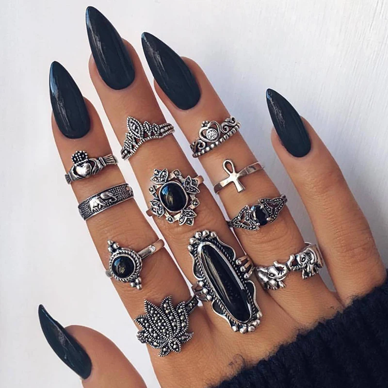 11 Pcs/Set Vintage Female Elephant Lotus Cross Heart Palm Crown Silver Color Gem Ring Set Exquisite Lady Clothing Jewelry Gift | Украшения