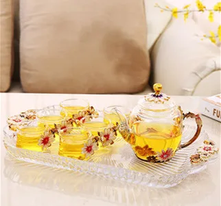 

Creative European Enamel Cup Water Bottle Set [1 Pot+6 Cups] High-grade Glass Mug Small fresh Flower Tea Cup Teapot Band Tray