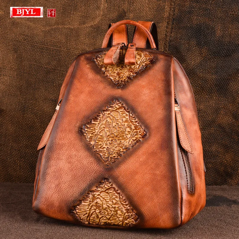 

Luxury Fashion Women backpack retro first layer cowhide large capacity embossed shoulder bag female genuine leather backpacks