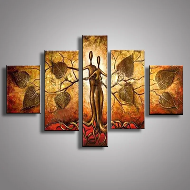 

Modern Hand Painted Gold Oil Painting Abstract Tree Nude Hug Lover Acrylic Paintings Wall Art Home Decoration 5 Panel Pictures