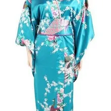 Голубой японский Для женщин шелковый атлас кимоно Haori Винтаж костюм традиции Новинка вечернее платье один размер H004