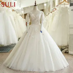 Sl-229 пышные короткий рукав Кружево Иллюзия лиф плюс Размеры свадебное платье 2017