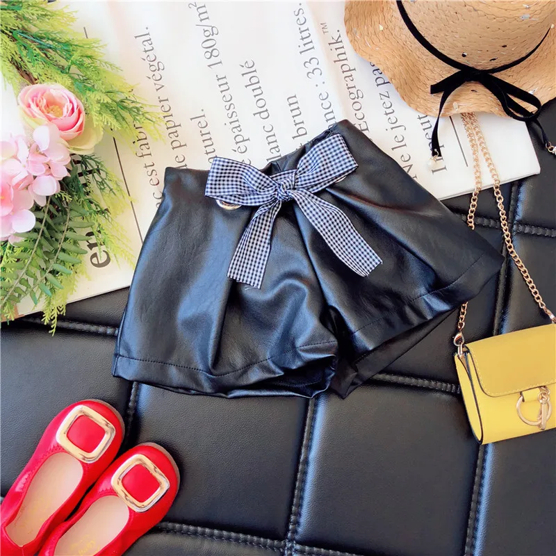 Girls Leather Shorts Black Color Fashion Fake Leather Pants with Bow for Baby Girl Autumn Winter