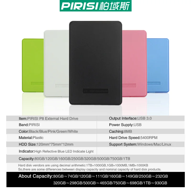 2.5'' PIRISI HDD Slim USB3.0 External hard drive 80GB/120GB/160GB/250GB/320GB/500GB Storage Disk wholesale and retail for PC/Mac