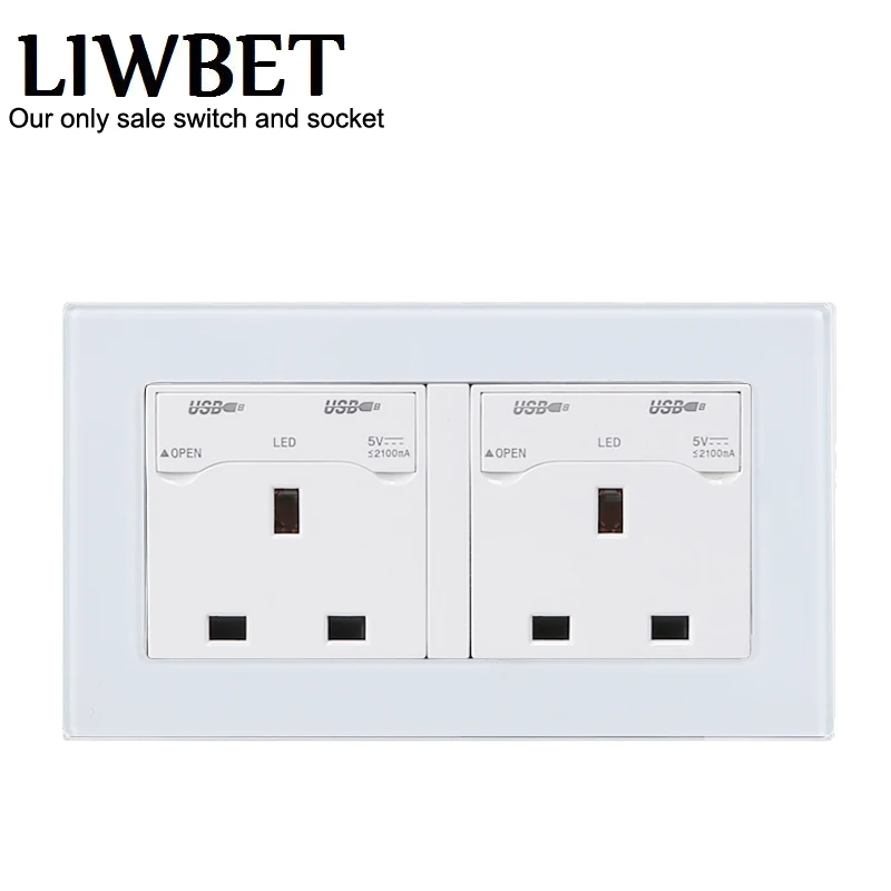 double USB socket and 13A 6pin wall socket with glass panel UK standard