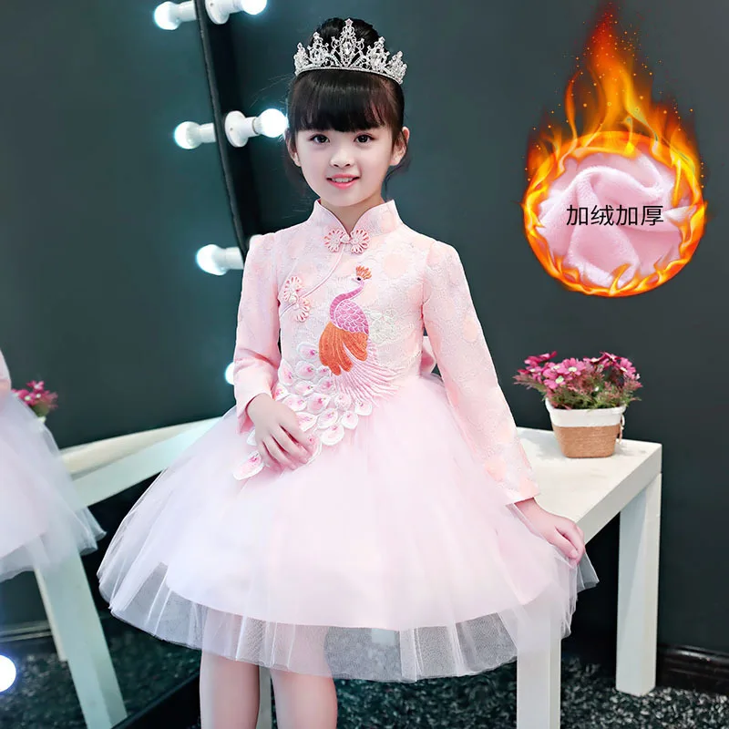 

Winter Kids Christmas New Year Dress Chinese Style Baby Girl Peacock Pattern Princess Dress Fluffy Clothes Outfit Drop Shopping