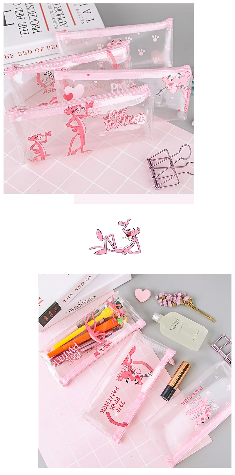 Cute Pink Panther Pencil Pouch Transparent Waterproof Korean Bag Pencil Case Pen Bags Cosmetic Pouch for Girls and Boys