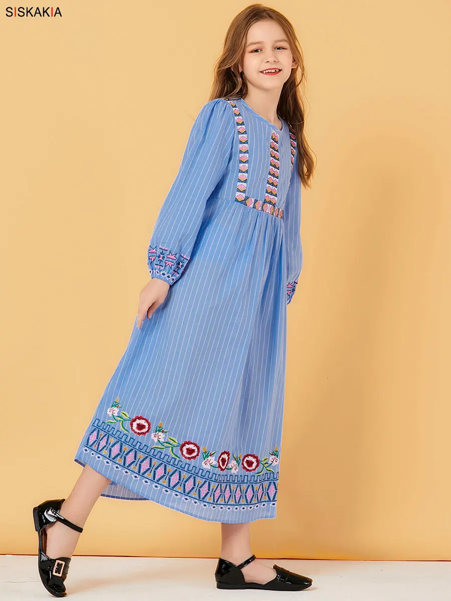 Mother and Daughter striped Embroidery Long Dress Muslim Parent Child Girl Casual Dresses Long Sleeve Plus Size Autumn Blue