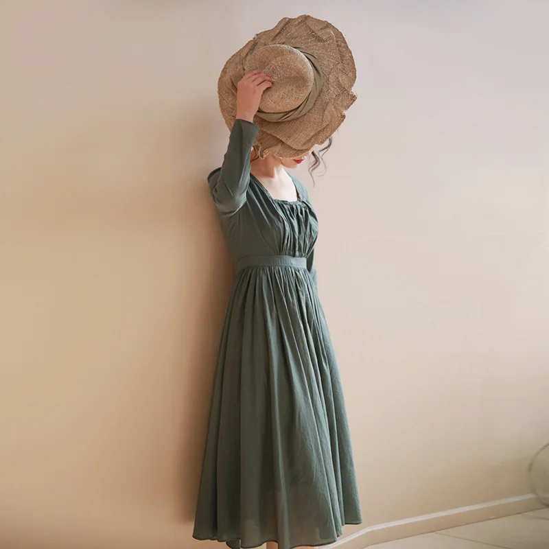 

LYNETTE'S CHINOISERIE Spring Autumn Original Design Women Vintage Green High Waist Soft Comfortable Cotton Dresses