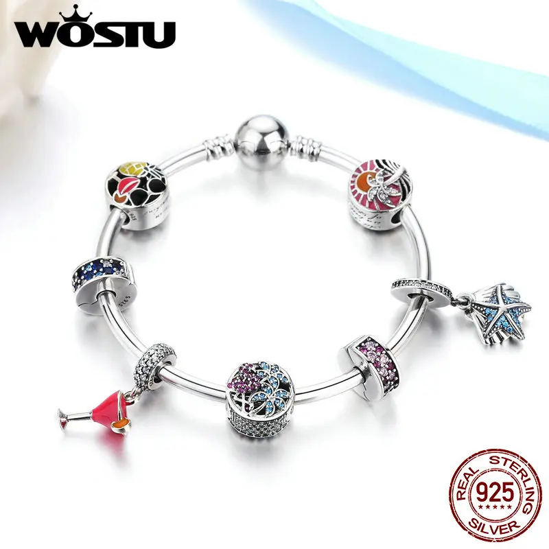 

WOSTU 100% Authentic 925 Sterling Silver Summer Holiday Style Charm Bangle & Bracelet For Women Luxury Jewelry Lover Gift FLB010