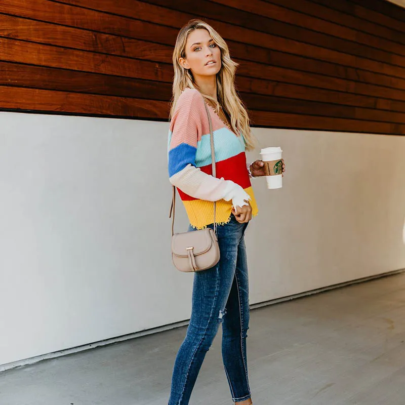Spring Autumn Women Multi Color Blocked Cropped Sweater Deep V-neck Tassel Knitted Stripe Pullover Girls Jumpers Pull Femme