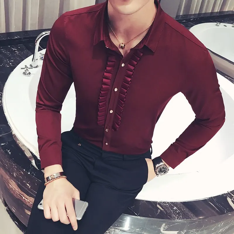 Мужская рубашка модная тонкая Однотонная рубашка с длинными рукавами для ночного клуба Бар Парикмахерская рубашка высокого класса бизнес-Повседневное вечернее платье рубашка - Цвет: Wine red