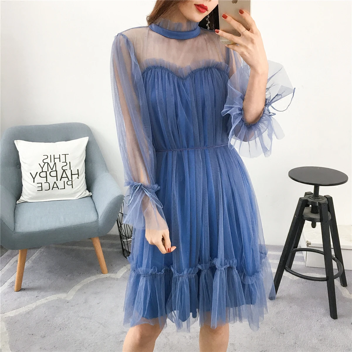 

Dress fashionable female Elegant mesh with trim Amanita lace dress Sheer juicy evening princess Slim Spring Vestidos