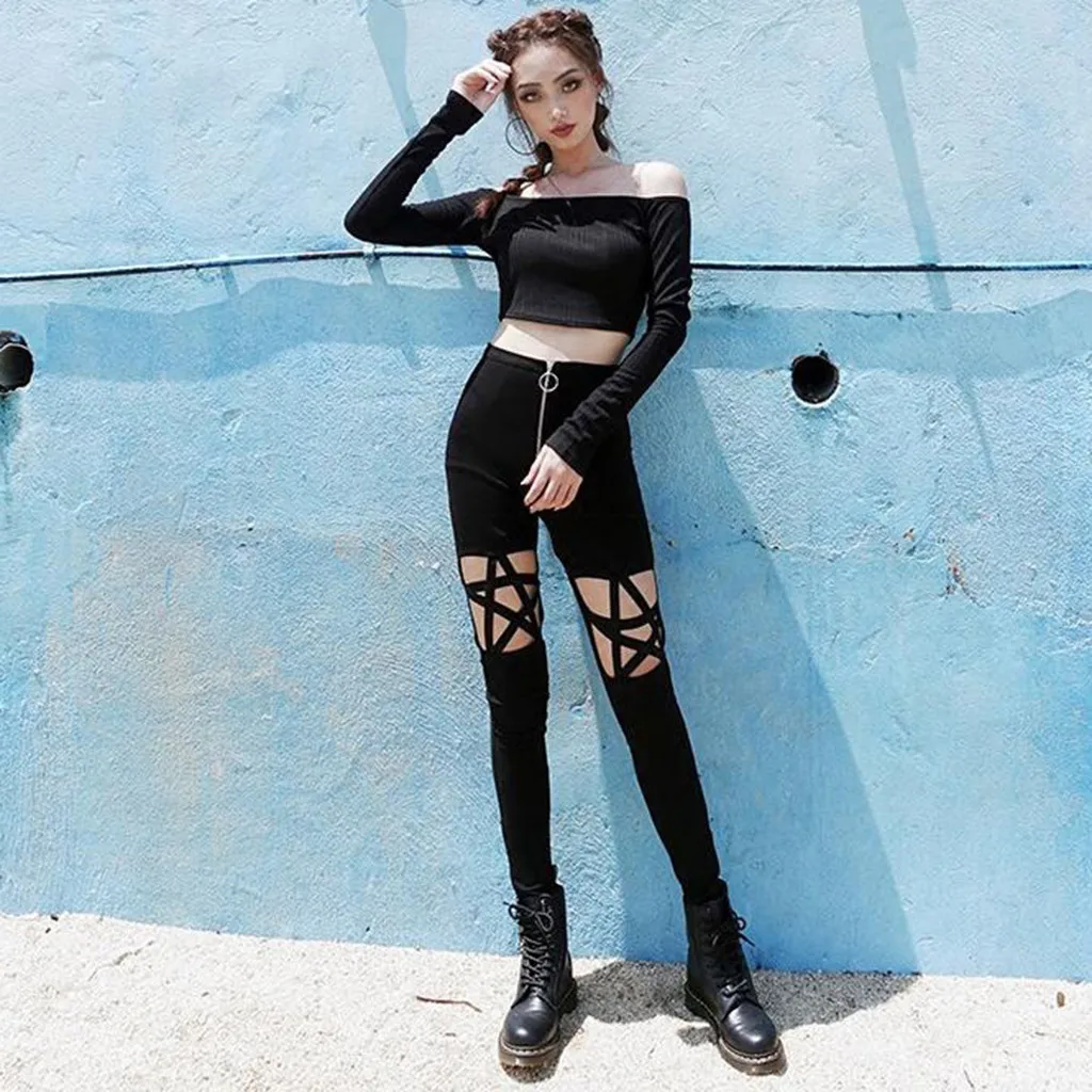 

Women pants sexy trousers Punk Gothic High Waist Hollow Out Pencil pants Zipper hip hop streetwear summer rock Pants#G8x
