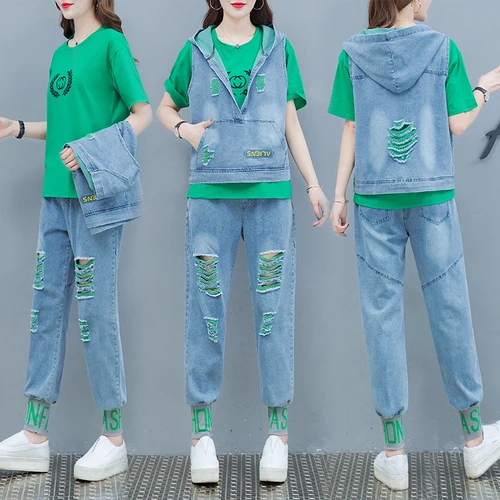 2019 корейские зеленые рубашки джинсовые шаровары модные рваные джинсы для женщин комплект из 3 предметов женский спортивный костюм с