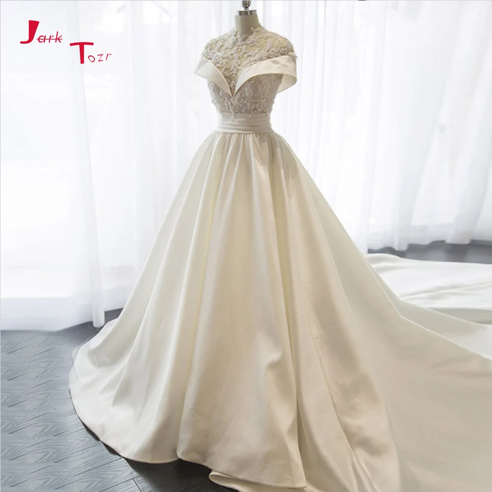 

Jark Tozr Custom Made Gelinlik Beading Lace Appliques Bodice Pleat Waist Button Up Satin Wedding Dresses Robe De Mariage 2019