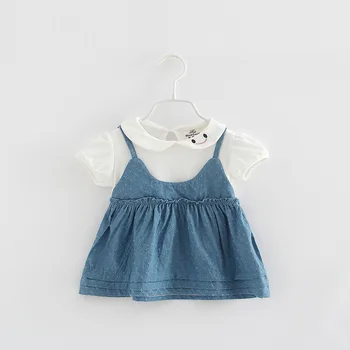 

2018 summer new cute baby girl denim dresses Korean fake two-piece short-sleeved