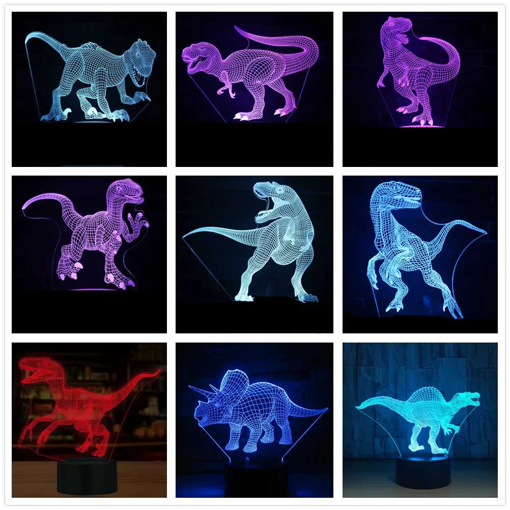 Динозавр 3D светодиодный светильник Иллюзия 3D Оптическая иллюзия огни 7 цветов разноцветные USB украшение дома лампа для мальчиков