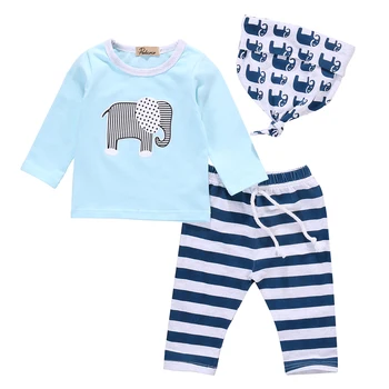 

Hi Hi Baby Store Newborn Toddler Baby Boy Elephant Girl Long Sleeve Shirt + Stripe Pants+ Hat 3PCS Cotton Outfit