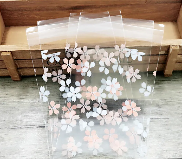 

100pcs pink white Cherry blossoms Cookie Packing Bags self adhesive seal small cello bags for gift party favor package