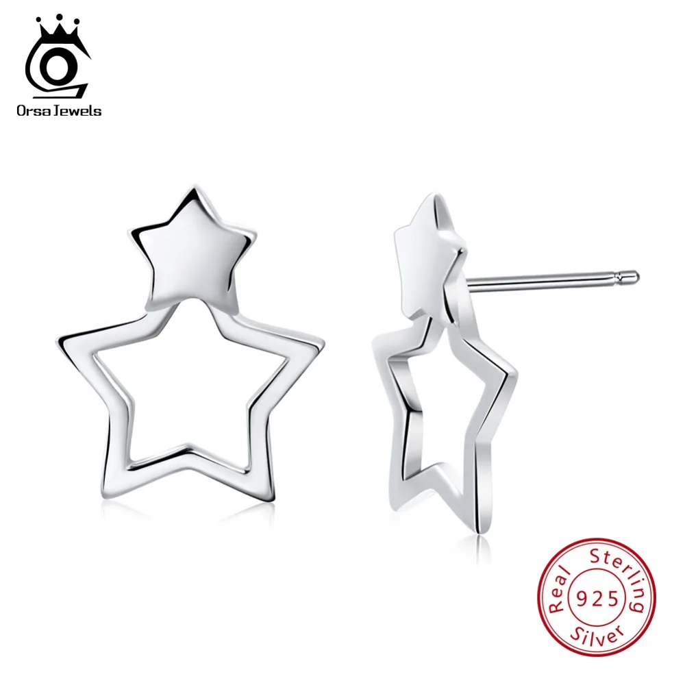 

ORSA JEWELS Real 925 Sterling Silver Stud Earring For Women Unique Modeling Star Shape Fashion Earring Female Jewelry SE67