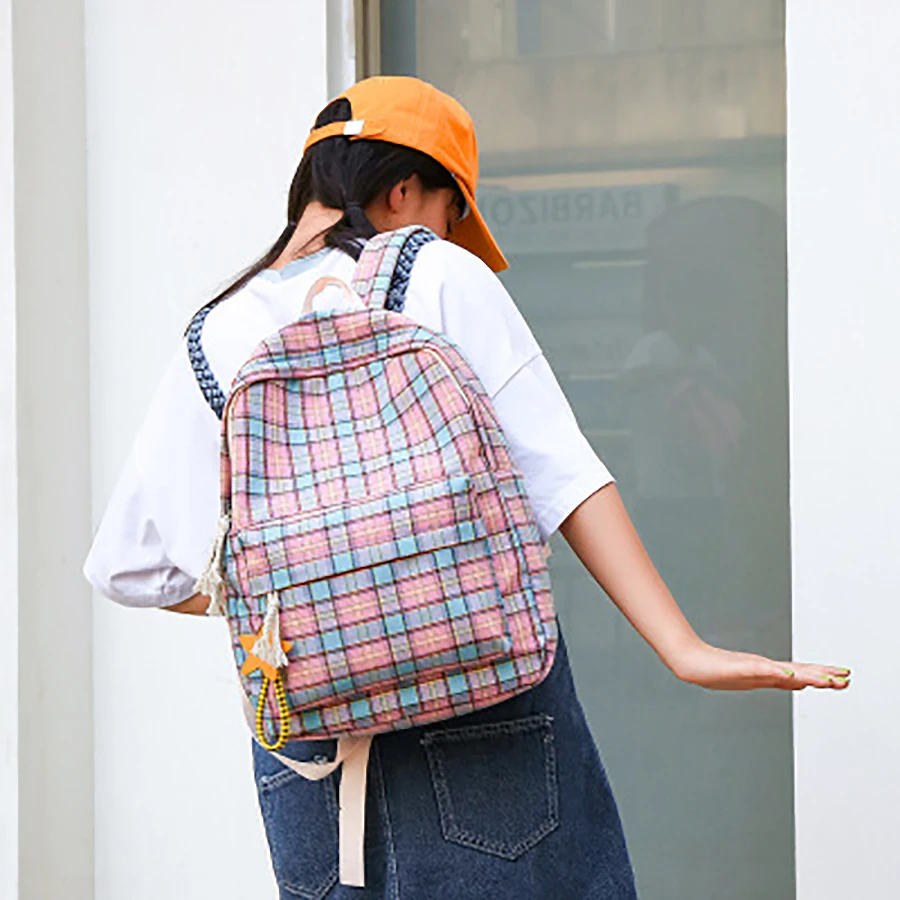 

Fashion Plaid Backpack For Women Harajuku Style Campus Student Girls Schoolbag Large Capacity Casual Ladies Travel Back pack New