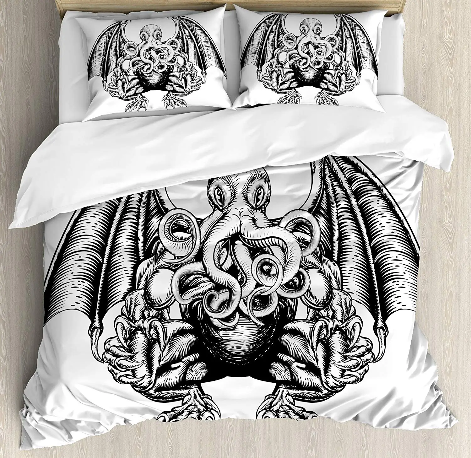 

Kraken Duvet Cover Set Cthulhu Monster Evil Fictional Cosmic Monster in Woodblock Style Illustration 3pcs Bedding Set