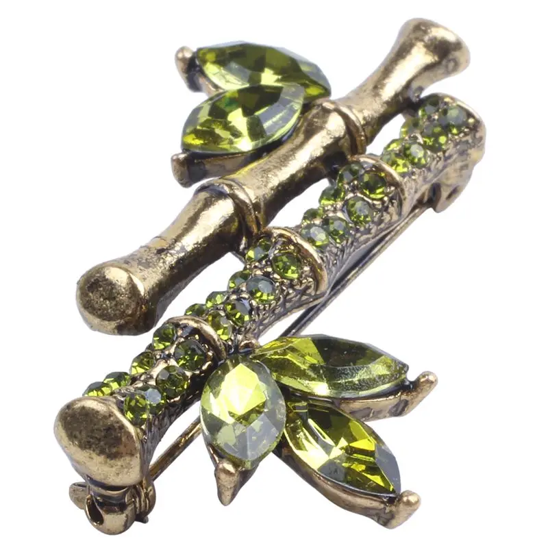 

European Bamboo Leaf Brooches For Women Green Crystal Brooch Wedding Bouquet Pins Dress Jewelry Gift