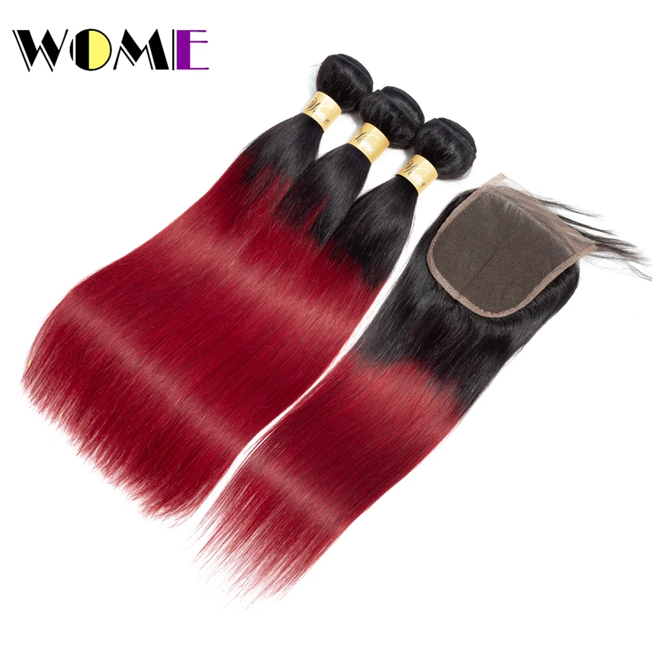 Женские предварительно цветные 1b/ошибки 3 бордовый Связки с закрытием индийские прямые Ombre человеческих красные волосы Связки с прямо